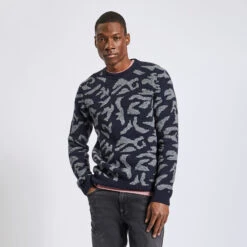 Pull Col Rond à Motif Camouflage En Laine